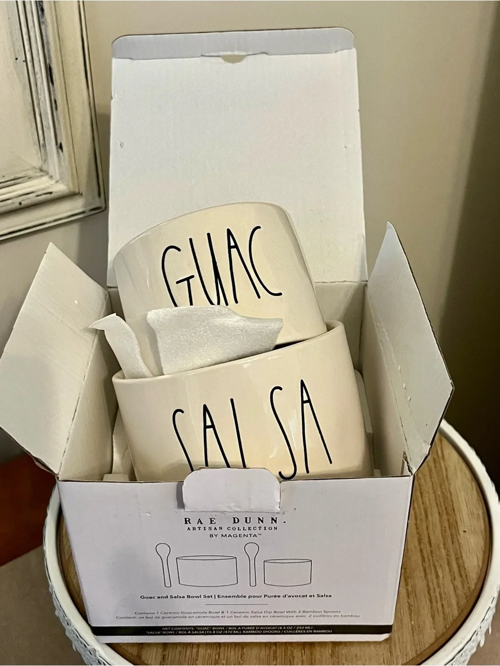 New Rae Dunn cream Ceramic “GUAC” and 'SALSA' Serving Bowls with bamboo spoons